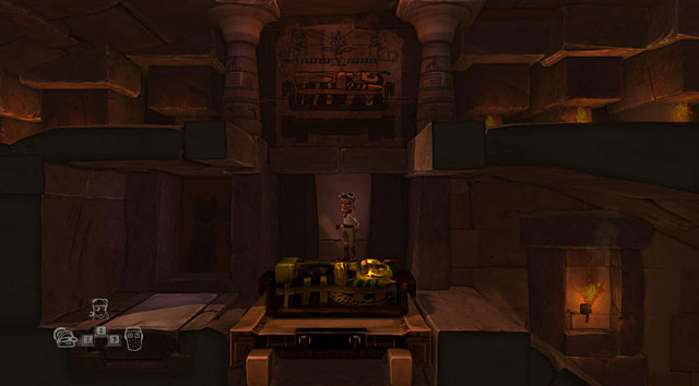 Stand on the snake and eagle plates with the imprisoned characters and start pushing the sarcophagus to the right with the adventurer - The Adventurer - Locations for specific characters - The Cave - Game Guide and Walkthrough