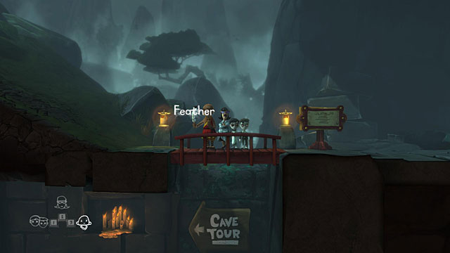 Go back from the hill, stand with all three characters on the bridge and start jumping - The Monk - Locations for specific characters - The Cave - Game Guide and Walkthrough