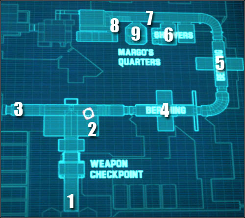 Map legend: 1 - starting area - Assault on Dark Athena - Crewquarters - Assault on Dark Athena - The Chronicles of Riddick: Assault on Dark Athena - Game Guide and Walkthrough