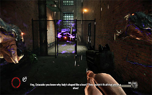 Head to the alley behind the damaged van, destroying nearby light source and then pulling out the gate (Q and then rhythmically E) - Q and A - p. 1 - Walkthrough - The Darkness II - Game Guide and Walkthrough