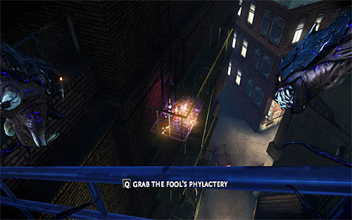 Listen to the short conversation with gangsters standing at the bottom, who will inform you about need to get to Jackie's mansion in order to save people imprisoned there - Deal With the Devil - p. 2 - Walkthrough - The Darkness II - Game Guide and Walkthrough