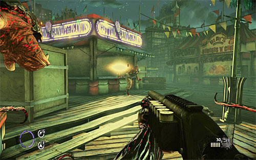 Keep walking through the carnival, turning right and heading to the place, where you found relict - Fun and Games - p. 1 - Walkthrough - The Darkness II - Game Guide and Walkthrough