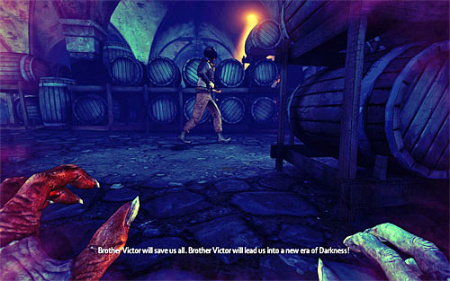 After first execution turn right, stand next to barrels and wait for another guard shown on the screen above - Rat in a Maze - p. 1 - Walkthrough - The Darkness II - Game Guide and Walkthrough