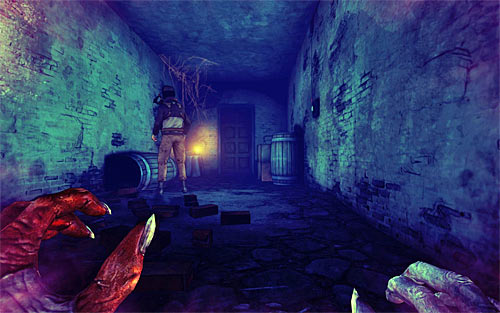 IGNORE for now the enemy standing next to the table and notice his colleague visible in a distance, who is the only one to patrol this area - Rat in a Maze - p. 2 - Walkthrough - The Darkness II - Game Guide and Walkthrough