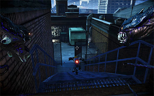 Shortly after leaving the burning brothel, you'll have to use blue painted stairs (screen above), in order to get to the adjacent rooftop - Relics (07 - 13) - Relics - The Darkness II - Game Guide and Walkthrough