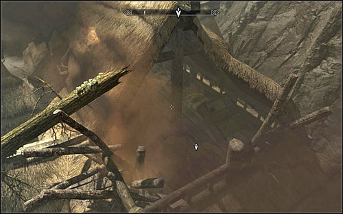 Approach the big hole in the wall and following Ralof's instruction, jump to land inside the partially destroyed tavern below (screen above) - Running away from the Dragon - Unbound - The Elder Scrolls V: Skyrim - Game Guide and Walkthrough