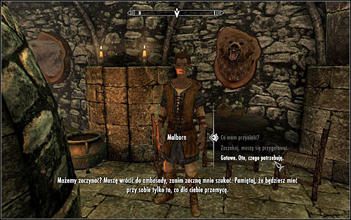 Malborn will confirm that he can smuggle a given amount of equipment inside the embassy and will suggest that it should be items that will let you efficiently and silently deal will enemies - Getting onto the Embassy party - Diplomatic Immunity - The Elder Scrolls V: Skyrim - Game Guide and Walkthrough
