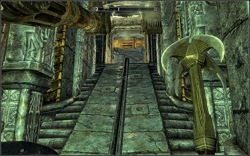 Continue going east and carefully approach the upward ramp (screen above), as touching any of the three pressure plates will activate a hard to avoid trap - Obtaining the Elder Scroll - Elder Knowledge - The Elder Scrolls V: Skyrim - Game Guide and Walkthrough