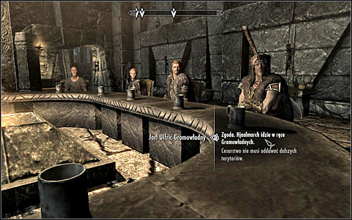 The last part of the negotiations will include a speech from the faction leader who still feels unsatisfied with the current settlements and will demand accepting his additional demands - Participating in the negotiations - Season Unending - The Elder Scrolls V: Skyrim - Game Guide and Walkthrough