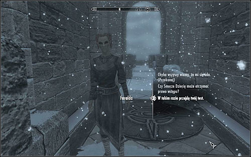 As you try to cross the bridge, you will be stopped by Faralda, who will tell you that only authorized people can enter the College - First Lessons - College of Winterhold quests - The Elder Scrolls V: Skyrim - Game Guide and Walkthrough