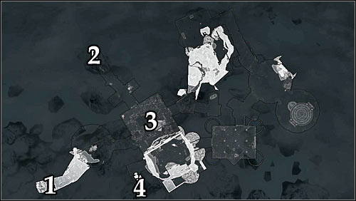 Symbols on the map: 1 - Starting point (College of Winterhold main square); 2 - Starting point (Hall of Countenance); 3 - Main room; 4 - Door leading to the Midden Dark. - Good Intentions - College of Winterhold quests - The Elder Scrolls V: Skyrim - Game Guide and Walkthrough