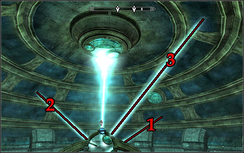 You main objective in this part of the puzzle is using magic until the lens are in such a position that each of the reflected light beams points at a different part of the multi-story ceiling - Revealing the Unseen - p. 3 - College of Winterhold quests - The Elder Scrolls V: Skyrim - Game Guide and Walkthrough