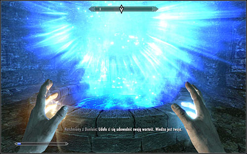 Regardless of whether you used your party member's help or not, you will have to defend for less than a minute, until you get informed of passing the trial (screen above) - Restoration Ritual Spell - College of Winterhold quests - The Elder Scrolls V: Skyrim - Game Guide and Walkthrough