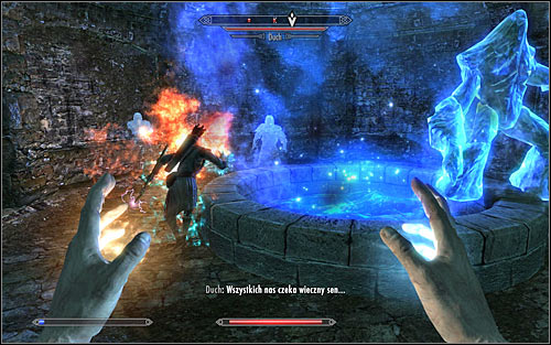 During this battle you will however be able to trick the Augur a bit, as he didn't forbid your party member from following you - Restoration Ritual Spell - College of Winterhold quests - The Elder Scrolls V: Skyrim - Game Guide and Walkthrough