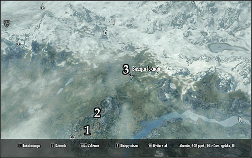Markings on the map: 1 - Whiterun; 2 - Dragonsreach; 3 - Meeting point with Cicero - Delayed Burial - The Dark Brotherhood quests - The Elder Scrolls V: Skyrim - Game Guide and Walkthrough