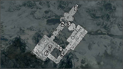 Markings on the map: 1 - Ruins entrance; 2 - Shorter way; 3 - Longer way; 4 - Corridor leading to Alain's hideout; 5 - Closed gate; 6 - Ballista; 7 - Alain Dufont - Mourning Never Comes - p. 1 - The Dark Brotherhood quests - The Elder Scrolls V: Skyrim - Game Guide and Walkthrough