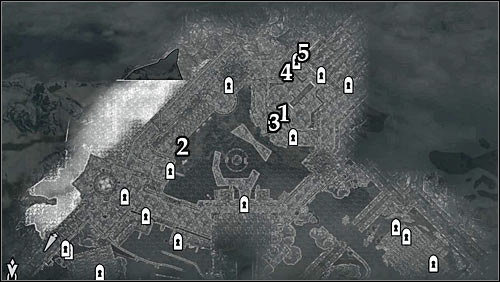 Markings on the map: 1 - Young couple (place of rest and a balcony located directly above it); 2 - Stairs leading to the castle walls; 3 - Interactive gargoyle; 4 - Passage leading to the balcony with Gabriella's presents; 5 - Suggested place for using the bow - Bound Until Death - The Dark Brotherhood quests - The Elder Scrolls V: Skyrim - Game Guide and Walkthrough