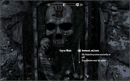 Walk to the Black Door, guarding an entrance to Dawnstar Sanctuary (screen above) and after you hear the voice, say a password from the Cicero's journal, which is Innocence, my Brother (first dialog option) - The Cure for Madness - p. 1 - The Dark Brotherhood quests - The Elder Scrolls V: Skyrim - Game Guide and Walkthrough