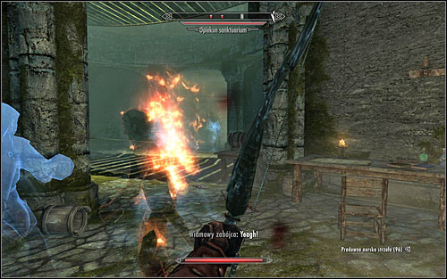 I recommend destroying from the distance oil lamps attached to the ceiling (near the bridge) and then quickly run down the stairs, so at least some of new guardians will get injuries from fire (screen above) - The Cure for Madness - p. 2 - The Dark Brotherhood quests - The Elder Scrolls V: Skyrim - Game Guide and Walkthrough
