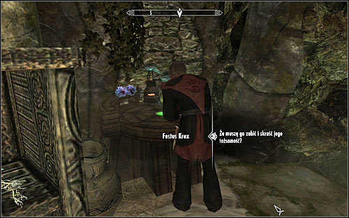 Look for Festus Krex in the Dark Brotherhood's Sanctuary and start a conversation with him, to ask about details of a new contract (screen above) - Recipe for Disaster - The Dark Brotherhood quests - The Elder Scrolls V: Skyrim - Game Guide and Walkthrough
