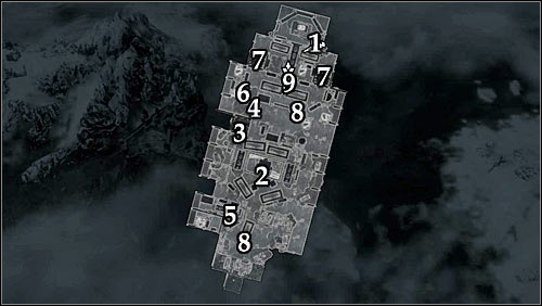 Markings on the map: 1 - Start place; 2 - Kitchen; 3 - Stairs; 4 - Closed door (expert or key); 5 - Captain Avidius's cabin; 6 - Lieutenant Salvarus's cabin; 7 - Stairs; 8 - Passages to upper deck; 9 - Emperor's closed cabin (master or key) - Hail Sithis! - p. 1 - The Dark Brotherhood quests - The Elder Scrolls V: Skyrim - Game Guide and Walkthrough