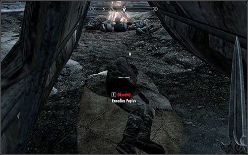Crouch and start sneaking towards the tent, where Ennodius sleeps - Side Contract: Kill Ennodius Papius - The Dark Brotherhood quests - The Elder Scrolls V: Skyrim - Game Guide and Walkthrough