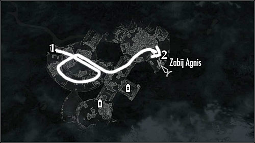 Markings on the map: 1 - Start place; 2 -Agnis quarters - Side Contract: Kill Agnis - The Dark Brotherhood quests - The Elder Scrolls V: Skyrim - Game Guide and Walkthrough