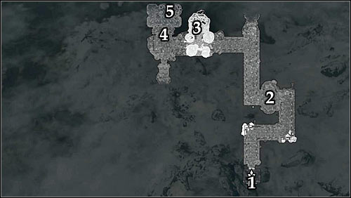 Markings on the map: 1 - Entrance to ruins; 2 - First bandits encampment; 3 - Second bandits encampment; 4 - Entrance to Maluril's chamber; 5 - Maluril's location - Side Contract: Kill Maluril - The Dark Brotherhood quests - The Elder Scrolls V: Skyrim - Game Guide and Walkthrough
