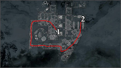 Markings on the map: Red line - suggested route; 1 - starting point; 2 - Portal (destination point). - A Night to Remember - p. 2 - Daedric quests - The Elder Scrolls V: Skyrim - Game Guide and Walkthrough