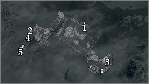 Markings on the map: 1 - Main entrance; 2 - Suggested side entrance; 3 - Ghunzul's whereabouts; 4 - Cage with the button; 5 - Passage to the vaults. - Pieces of the Past - p. 1 - Daedric quests - The Elder Scrolls V: Skyrim - Game Guide and Walkthrough
