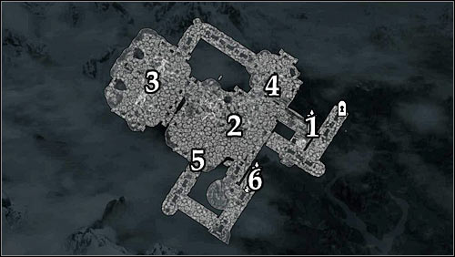 Markings on the map: 1 - Starting point; 2 - Stairs; 3 - Dining room; 4 - Lever; 5 - Passage unblocked by pulling the lever; 6 - Door leading onto the roof of the Dead Crone. - Pieces of the Past - p. 2 - Daedric quests - The Elder Scrolls V: Skyrim - Game Guide and Walkthrough