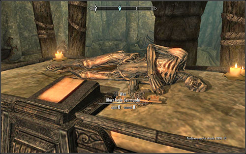 Defeat a couple Draugrs inside the room, approach the platform and take the Lord Geirmund's Key from the dead man's hand (screen above) - Forbidden Legend - p. 2 - Side quests - The Elder Scrolls V: Skyrim - Game Guide and Walkthrough