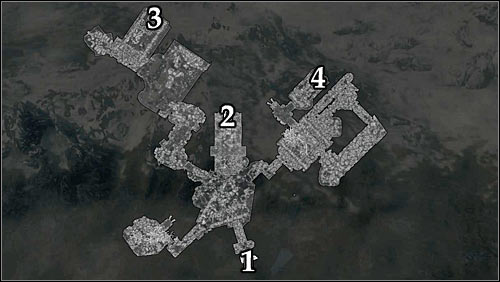 Markings on the map: 1 - Starting point (tomb entrance); 2 - Quest activation and passage to the Elders Cairn; 3 - Ceremonial axe; 4 - Ceremonial sword. - Silenced Tongues - Side quests - The Elder Scrolls V: Skyrim - Game Guide and Walkthrough