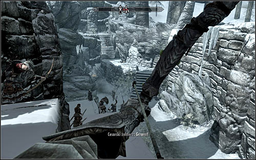 If your character prefers ranged combat, don't use the stairs at all and eliminate enemy soldiers from a safe distance instead (the above screen) - The Jagged Crown - p.1 - Imperial Legion Quests - The Elder Scrolls V: Skyrim - Game Guide and Walkthrough