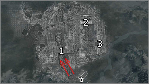 Labels on the map: Red arrows - direction of the enemy attack; 1 - the barricade, 2 - the drawbridge; 3 - Whiterun entrance - Battle for Whiterun - Imperial Legion Quests - The Elder Scrolls V: Skyrim - Game Guide and Walkthrough