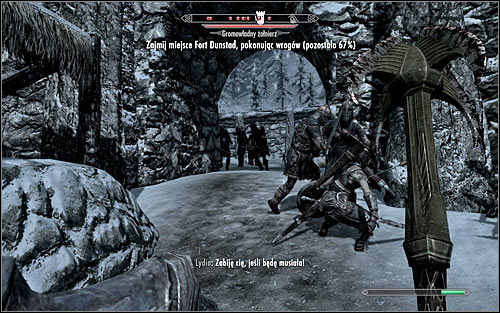 After clearing out the main courtyard, choose the path leading to the west part of the fort, surrounded by barricades (the above screen) - Battle for Fort Dunstad - Imperial Legion Quests - The Elder Scrolls V: Skyrim - Game Guide and Walkthrough