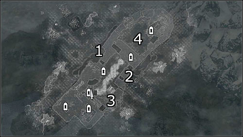 Labels on the map: 1 - northwest main entrance; 2 - southeast main entrance; 3 - small entrance (collapsed wall fragment); 4 - upper courtyard occupied mostly by archers - The Battle for Fort Greenwall - Imperial Legion Quests - The Elder Scrolls V: Skyrim - Game Guide and Walkthrough