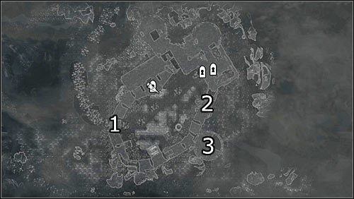Labels on the map: 1 - main fort entrance; 2 - hole in the wall; 3 - suggested place for ranged attacks - The Battle for Fort Amol - Imperial Legion Quests - The Elder Scrolls V: Skyrim - Game Guide and Walkthrough