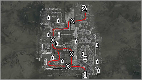 Labels on the map: red lines - free routes; 1 - starting point, 2 - entrance to the Palace of the Kings; X - barricades you can break through - Battle for Windhelm - Imperial Legion Quests - The Elder Scrolls V: Skyrim - Game Guide and Walkthrough