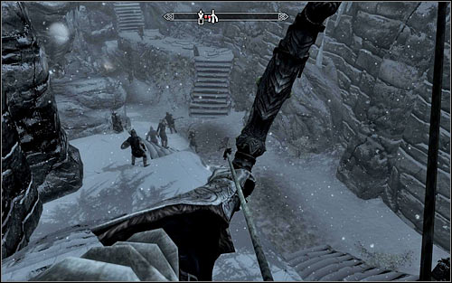 If your character prefers ranged combat, don't use the stairs at all but simply eliminate enemy soldiers from a distance (the above screen) - The Jagged Crown - p.1 - Stormcloack Rebellion Quests - The Elder Scrolls V: Skyrim - Game Guide and Walkthrough