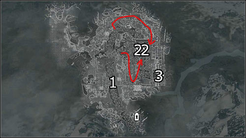 Labels on the map: red arrows - routes to the drawbridge, 1 - barricade; 2 - drawbridge mechanisms; 3 - Whiterun entrance - Battle for Whiterun - Stormcloack Rebellion Quests - The Elder Scrolls V: Skyrim - Game Guide and Walkthrough