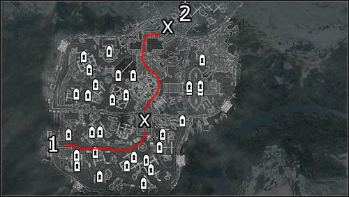 Labels on the map: red lines - available paths; 1 - starting point; 2 - Dragonsreach entrance; X - barricades you can break through - Battle for Whiterun - Stormcloack Rebellion Quests - The Elder Scrolls V: Skyrim - Game Guide and Walkthrough