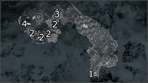Labels on the map: 1 - starting point; 2 - cells with the Stormcloak soldiers; 3 - entrance to the roof; 4 - entrance to the main courtyard - Rescue from Neugrad - p.1 - Stormcloack Rebellion Quests - The Elder Scrolls V: Skyrim - Game Guide and Walkthrough