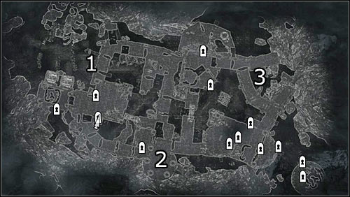 Labels on the map: 1 - main fort entrance; 2 - south fort entrance (hard to get to); 3 - northeast fort entrance (hard to get to) - The Battle for Fort Sungard - Stormcloack Rebellion Quests - The Elder Scrolls V: Skyrim - Game Guide and Walkthrough