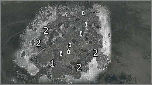 Labels on the map: 1 - main fort entrance; 2 - other easily accessed entrances into the fort (usually unguarded) - Battle for Fort Snowhawk - Stormcloack Rebellion Quests - The Elder Scrolls V: Skyrim - Game Guide and Walkthrough