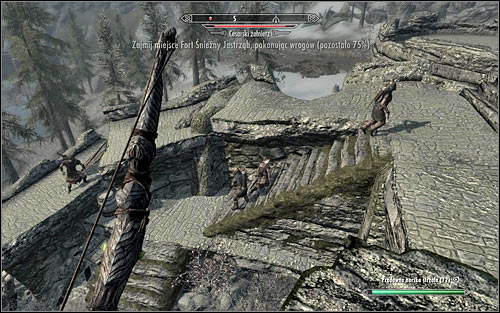 If you're planning to attack the Legionnaires from a safe distance, climb the walls as soon as you enter the fort - Battle for Fort Snowhawk - Stormcloack Rebellion Quests - The Elder Scrolls V: Skyrim - Game Guide and Walkthrough