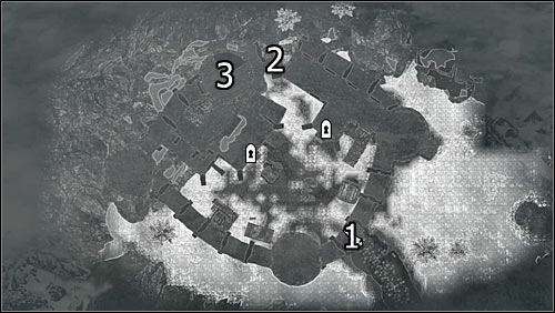 Labels on the map: 1- main fort entrance; 2- north fort entrance; 3 - suggested entrance for r combat - The Battle for fort Hraggstad - Stormcloack Rebellion Quests - The Elder Scrolls V: Skyrim - Game Guide and Walkthrough
