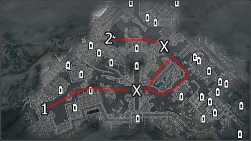 Labels on the map: red lines - available routes; 1 - starting point; 2 - Castle Dour entrance; X - barricades to break through - Battle for Solitude - Stormcloack Rebellion Quests - The Elder Scrolls V: Skyrim - Game Guide and Walkthrough