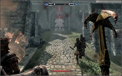 Turn northwest when you reach one the main streets of Solitude, and head toward the second barricade, set by the entrance to Castle Dour (the above screen) - Battle for Solitude - Stormcloack Rebellion Quests - The Elder Scrolls V: Skyrim - Game Guide and Walkthrough
