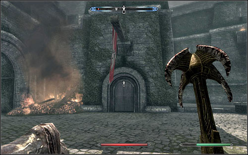 New Legionnaires are waiting in the castle courtyard, and you can take care of them or run to the north door (the above screen) leading inside Castle Dour right away - Battle for Solitude - Stormcloack Rebellion Quests - The Elder Scrolls V: Skyrim - Game Guide and Walkthrough
